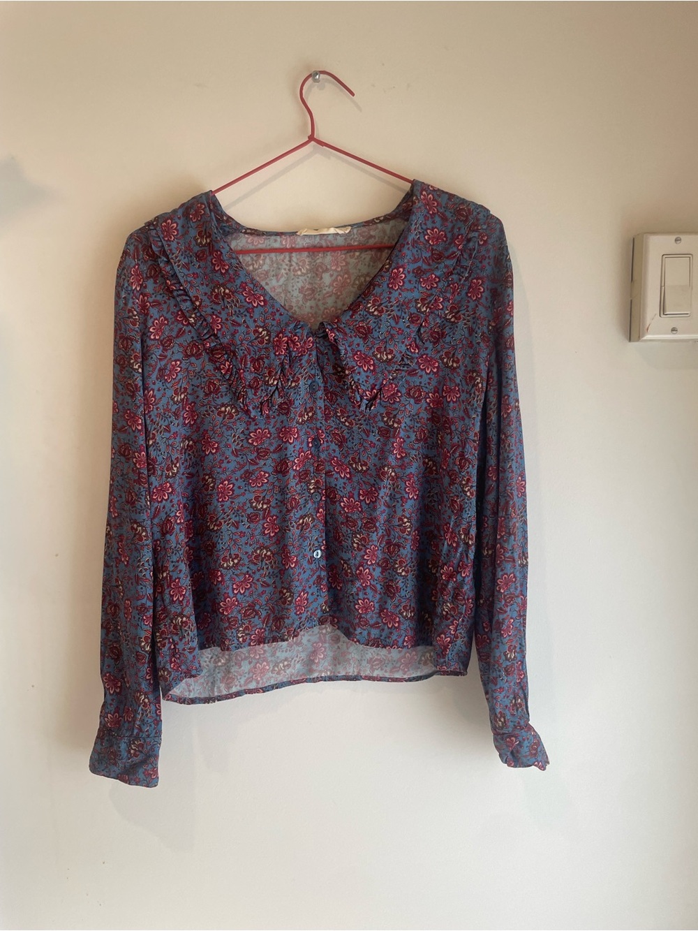 Mango Blue Floral Long-Sleeve Blouse with Red Accents